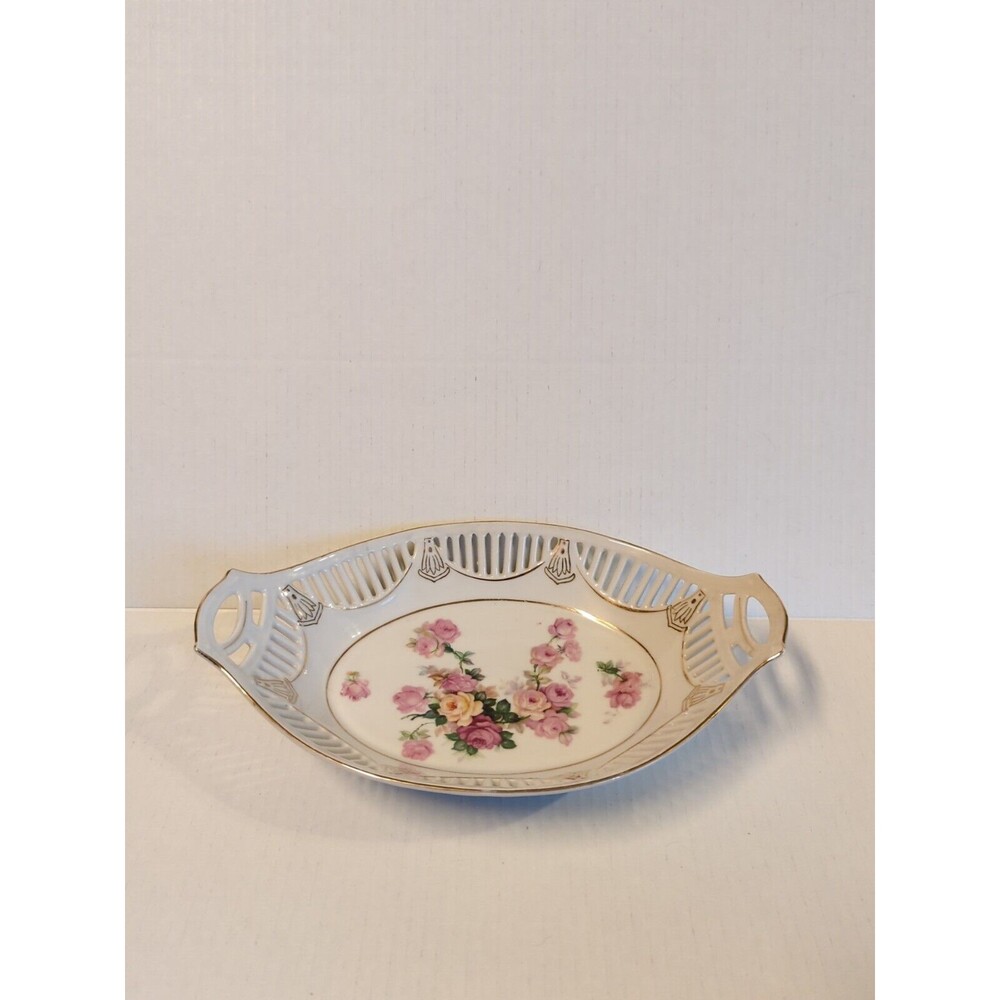 Bavaria German Reticulated Serving Bowl Dish Rose Floral Oval Double Handled